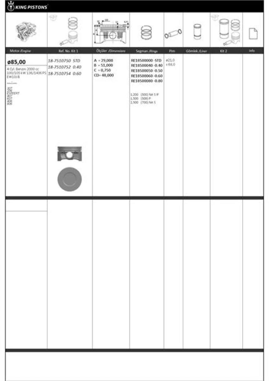 Psa Piston + Segman 85mm +0.40mm ( Riken Segmanlı ) 307*206*expeert*407*607*406*806* Ew10j B Engine - Kingpiston 18-7510752