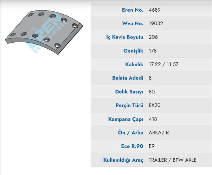 Dorse Truck Dorse / Bpw - Saf Dingil Fren Balatası Pabuc Pilot 18cm (full Organık) - Eren 4689 M750