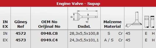 SUBAP TAKIMI EMME / EGSOZ C3 P1007 P207 P307 C4 ET3J4 (1,4I 16V) OLCU: IN 8 (28,3*5,5*100,8) / EX 8 - GUNES 4572-4573