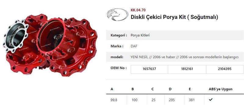 DINGIL PORYASI ARKA TEKER DISKLI SOGUTMALI RULMANLI KIT DAF Y.M 2006 VE SONRASI - KURTSAN KK.04.70