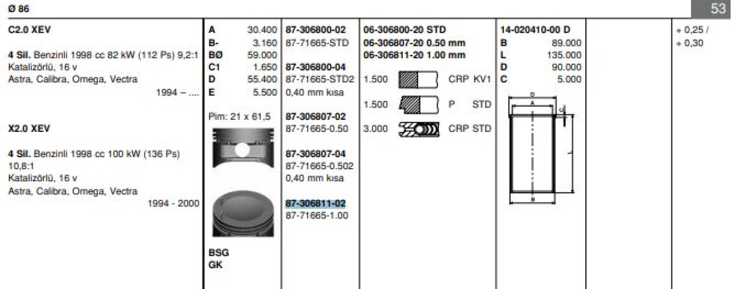 Opel Piston Segman X20xev Vectra B Omega B (87,00mm) 100 - Goetze 8771665100000g