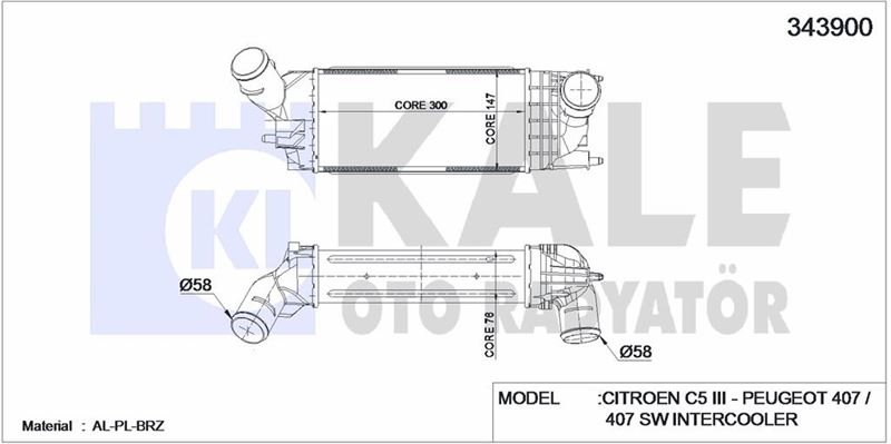 TURBO SOGUTUCU RADYATOR (INTERCOLL) C5 P407 1,6HDI 2,0HDI 08> OLCU: (300×147×76) - KALE 343900