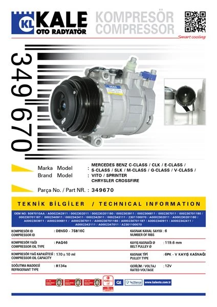 Mercedes Klima Kompresoru W202 93>00 S202 96>01 C208 97>02 W210 95>00 Vito 638 97>03 Sprinter 95>00 - Kale 349670