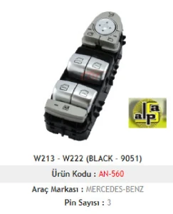 Unıversal Cam Anahtarı>mercedes W213-W222 Sol Dörtlü-Beyaz İşik-Siyah-9051-Perdeli>>a222 905 2004 - Mcar-An560