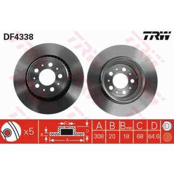 ARKA FREN AYNASI VOLVO XC 90 2.5T D5 T6 02> (17 JANT) / (308x20x5DLxHAVALI) - TRW DF4338