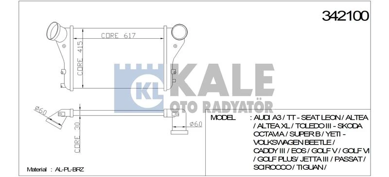 Vag Turbo Radyatoru Caddy Golf V Jetta A3 Leon Octavıa 1,8 Tfsi 1,9 Tdi 2,0 Tdi 2,0 Tfsi (intercooler) - Kale 342100