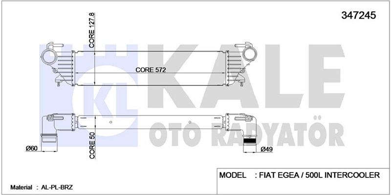 TURBO RADYATORU (INTERCOOLER) FIAT 500L EGEA 1,3 1,6 MJET 1,4 BENZINLI - KALE 347245