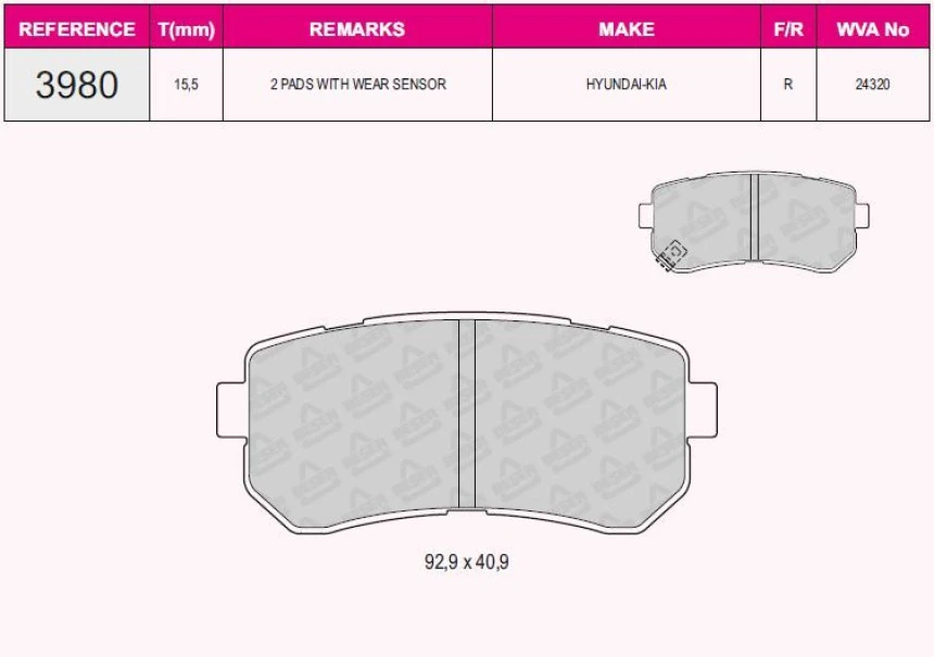 Hyundaı Arka Fren Balatası Hyundaı Accent Era 06> / İ20 08>15 / İ30 07>12 / İx20 İx35 10> / Sonata 10>14 / K - Beser 3980