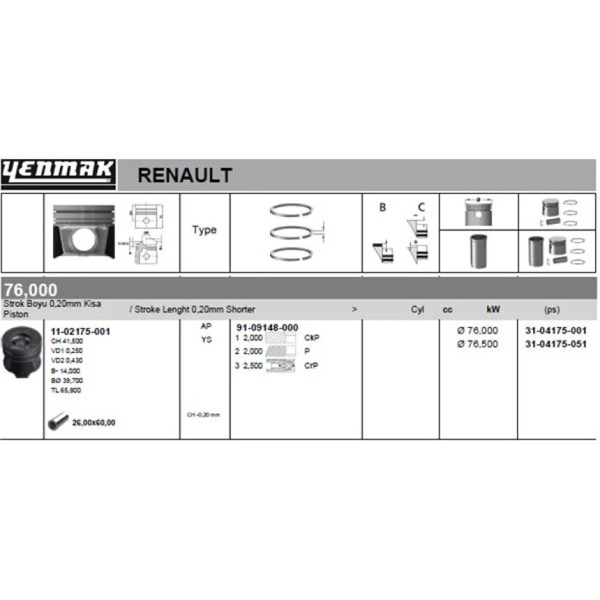 Renault Motor Piston Segman Scenic Megane II Clio Nissan (sogutma Kanallı-Yag Puskurtme Oyugu-Segman Tasıyıc - Yenmak 36-04175-001