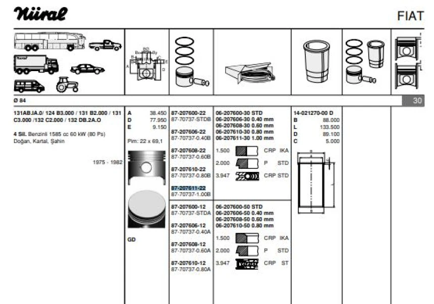 Tofas Piston Segman M131 1.6 1mm - Goetze 877073710000bg