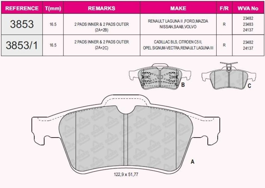 Renault Arka Fren Balatası Laguna II III Vectra C C Max Focus II 04 /> Focus II C Max (03 07) Connect 1.8tdc - Beser 3853