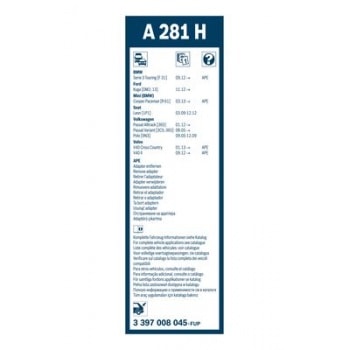 SILECEK SUPURGESI ARKA 280mm AEROTWIN KUGA 2012> LEON 2005> V40 CROSS COUNTRY 2013> V40 II 201 - BOSCH 3397008045