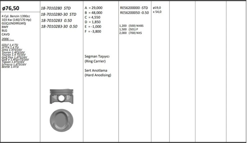 Vag Piston+segman (77,01mm 0,50) Golf V / VI / Plus Alhamra Beetle (touran 1,4tsi / Fsi) Eos Jetta III / - Kingpiston 18-7010283