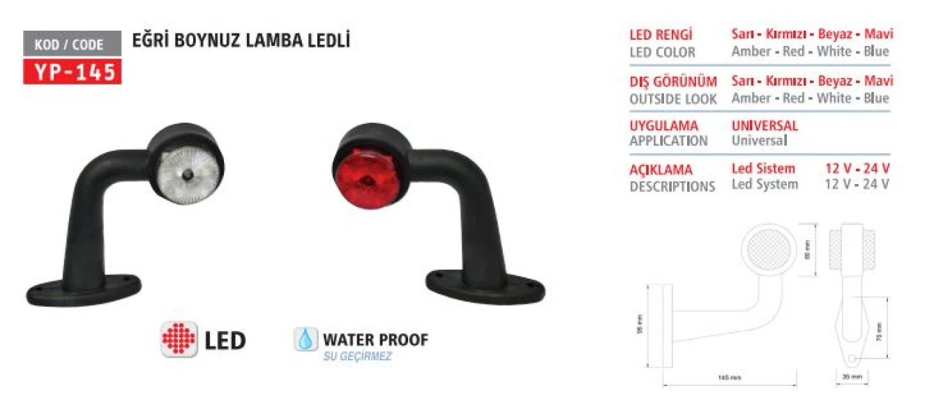 Unıversal Truck Yan İsaret Lamba (side Marker) Sag Beyaz- Kirmizi Ledli Boynuz L Tip Orta 24v 15 CM - Yuceplast Yp-145