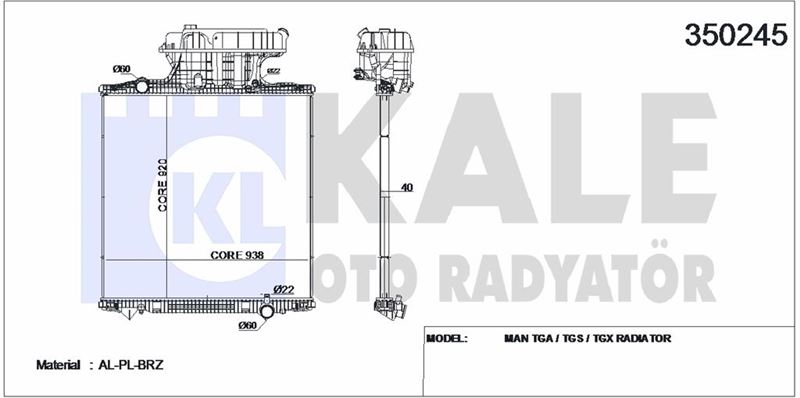 MOTOR SU RADYATORU MAN TGX TGS D2066 TGA 18.480 D2876 02>  (CERCEVESIZ) / (MT) YUKSEK KABIN - KALE 350245