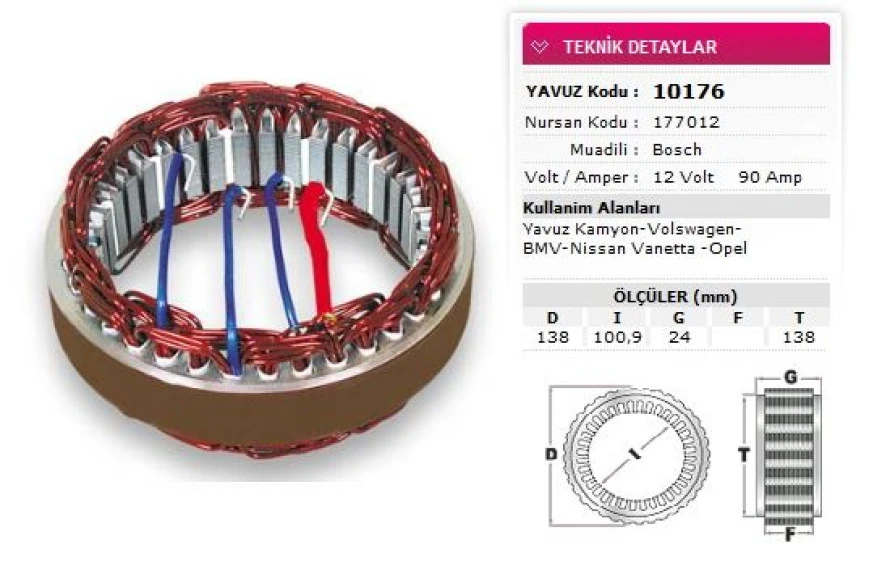 Nissan Stator Bosch Tip 12v 90a Yavuz Kamyon Volswagen Bmv Nissan Vanetta Opel Nursan 177012 - Yavuz 10 176