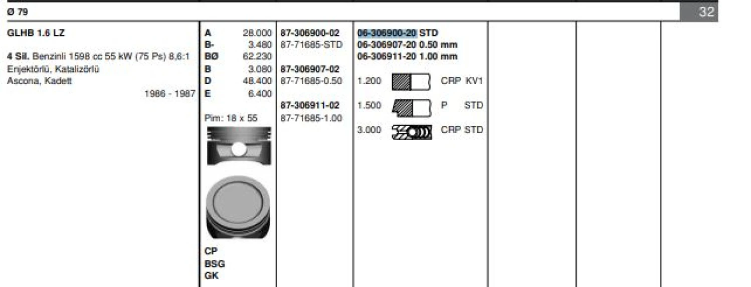 Opel Segman Takımı 16sv C16nz Astra F Vectra A (79,00mm) Std - Goetze 63069002g