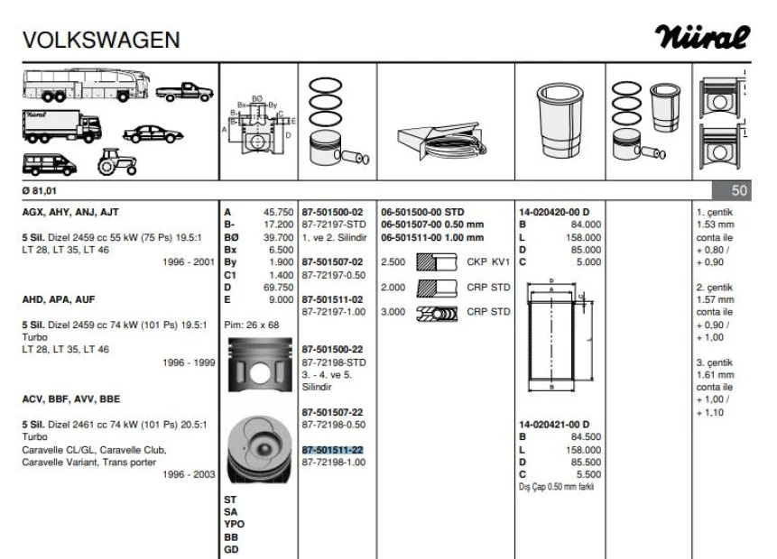 Vag Piston+segman (82,01mm 1,00 3 / 4 / 5 Pistonlar) Lt28 Lt35 Lt46 T4 2,5tdi Acv Agx Ahd Ahy Ajt Anj Ap - Goetze 8772198100000g