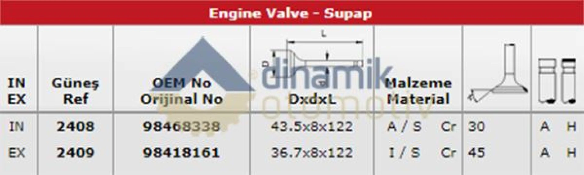 İveco Ticarı Subap Takımı (emme / Egsoz Takım) Ducato Master Movano İveco Daıly 2,5td İn 4 : (43,5 X 8 X 122) / E - Gunes 2408-2409