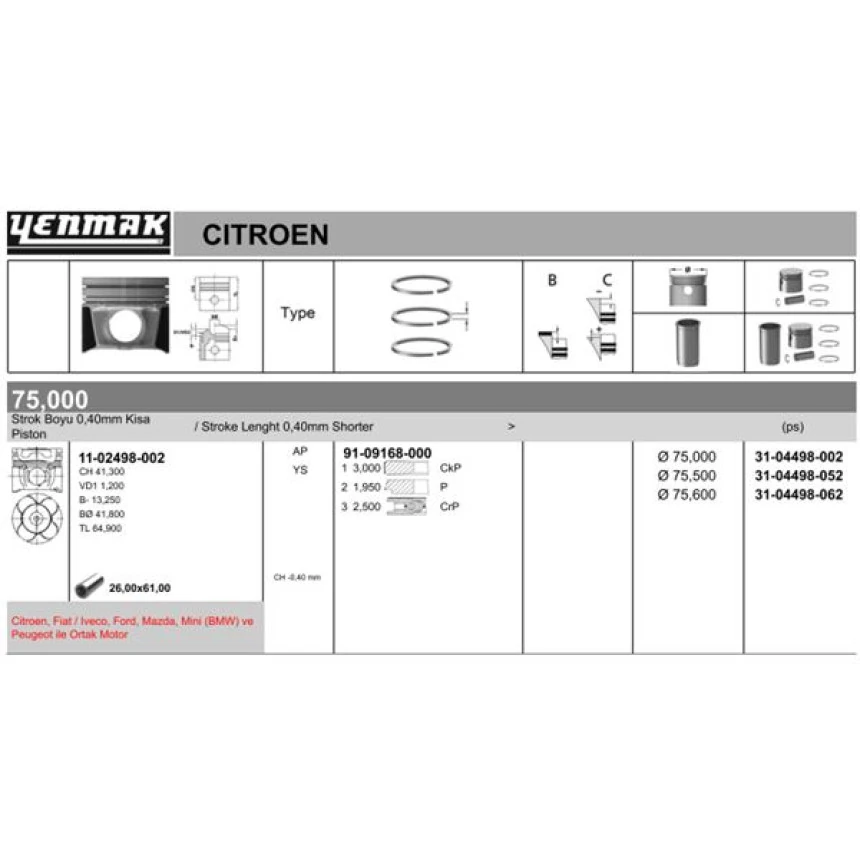 Psa Piston Segman P206 P307 Partner II Berlingo II C4 C5 II P308 P3008 P5008 Dv6 (1,6hdi 16v) Focus Cmax - Yenmak 31-04498-002