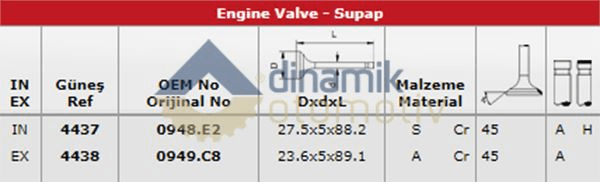 SUBAP TAKIM EMME / EGSOZ C1 P107 YARIS AYGO 1KR (1,0 12V) OLCU: IN (27,5 * 5 * 88,5) / EX (23,6 * 5 - GUNES 4437-4438