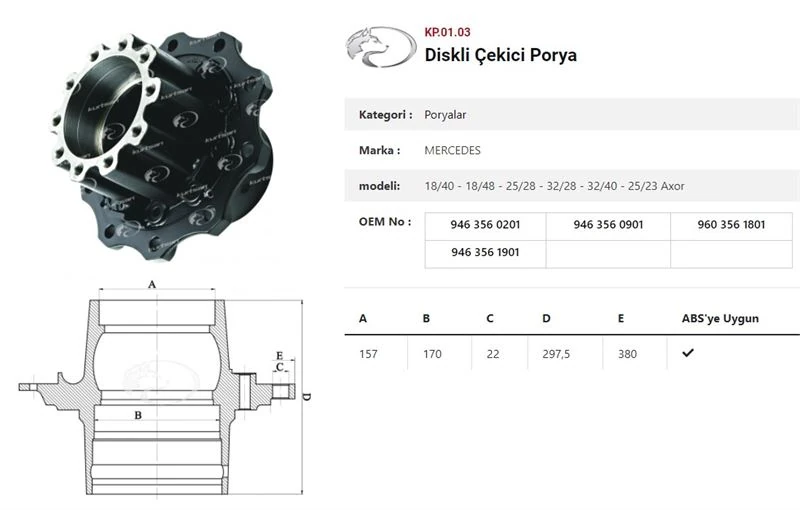 Mercedes Truck Dingil Poryası Arka Teker Mercedes  Axor Çekici 1840 / 1848 / 2528 / 3228 / 3240 / 2523 - Kurtsan Kp.01.03