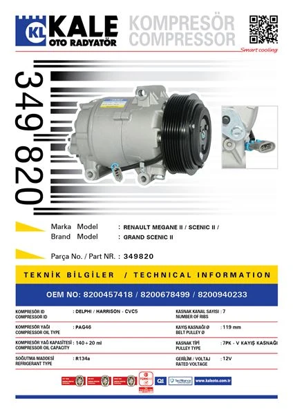 Renault Klima Kompresörü - [7pk - V Kayıs Kasnagı] [119mm] - Kal 349820