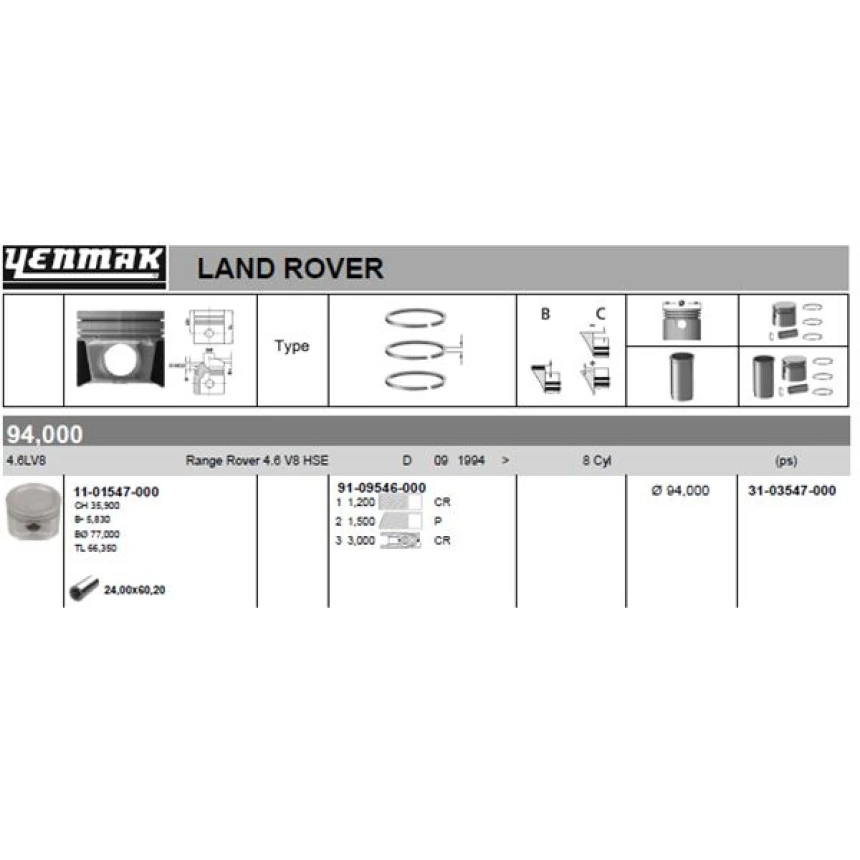 Land Rover Motor Piston+segman Discovery 2 Range Rover 4.0-4.6 V8 Standart (94mm Std) - Yenmak 31-03547-000
