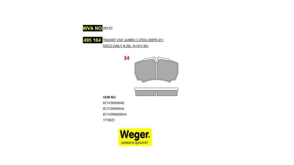 İveco Ticarı Arka Fren Disk Balata Ford Transıt V347 Jumbo 3,2tdci 200ps 07>14 Arka Cift Teker / İveco Daıly III - Weger 495164