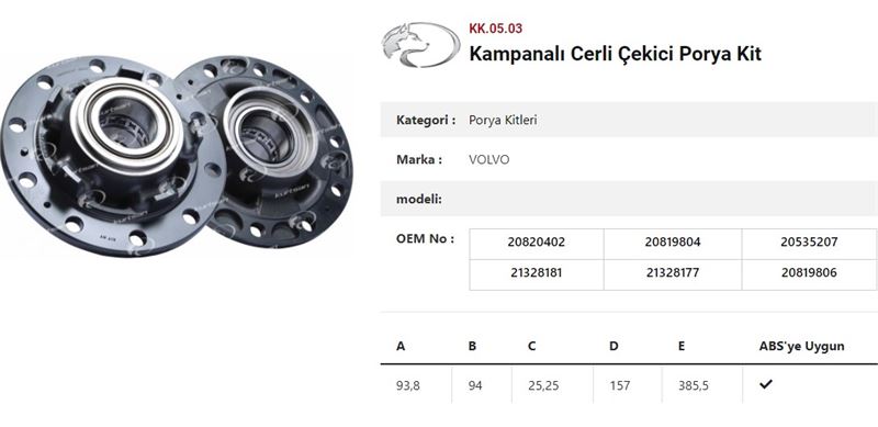 DINGIL PORYASI ARKA TEKER CERLI KAMPANALI RULMANLI  VOLVO FH-FM - KURTSAN KK.05.03