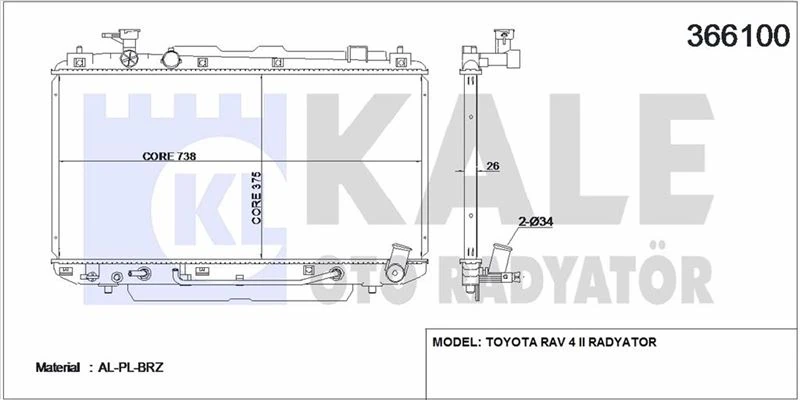 Toyota Motor Su Radyatoru Toyota Rav 4 2000 2005 Otomatık Vites (375x738x26) - Kale 366100