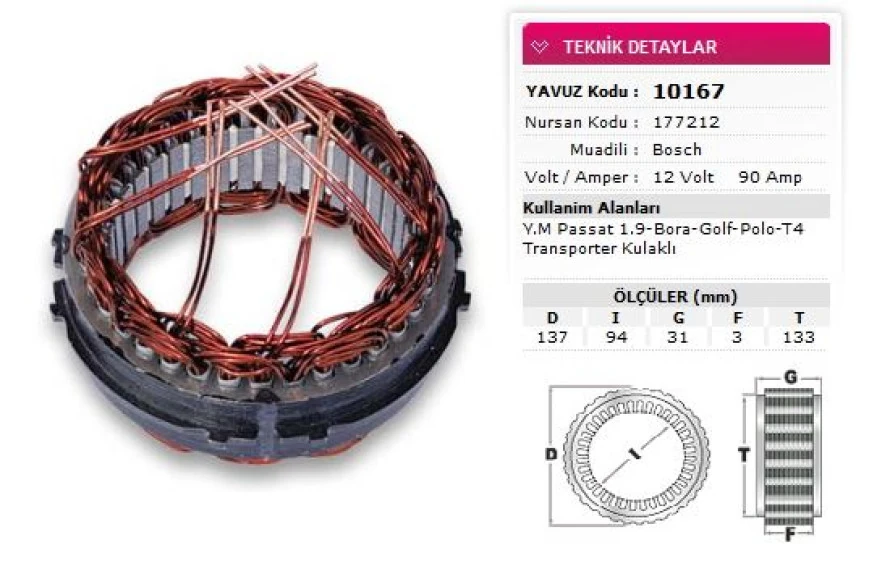 Vag Stator Bosch Tip 12v 90a Passat 1 9 Bora Golf Polo T4 Porter V184 Toyota Benzinli Nursan 177212 - Yavuz 10 167