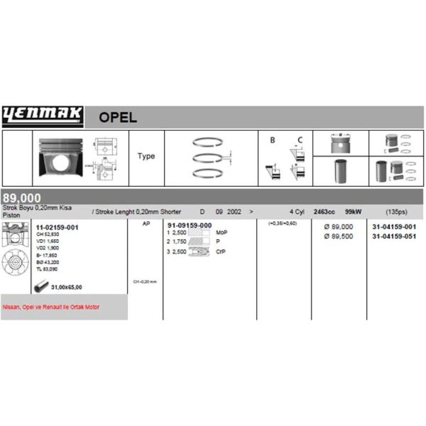 Renault Motor Piston+segman  Master 2.5 DCI-Movano 2.5cdti (g9u) 115hp Euro3 (89.00mm) / (+0.50mm) / (-0.20m - Yenmak 31-04159-051