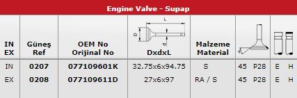SUBAP TAKIMI (IN 16 / EX 16) A8 S8 3,7 V8 32V - GUNES 0207-0208