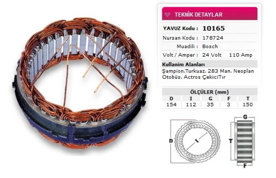 Mercedes Truck Stator Bosch Tip 24v 110a Champıon Turkuaz 283 Man Neoplan Otobus Mer Actros Cekici Nursan 178724 - Yavuz 10 165