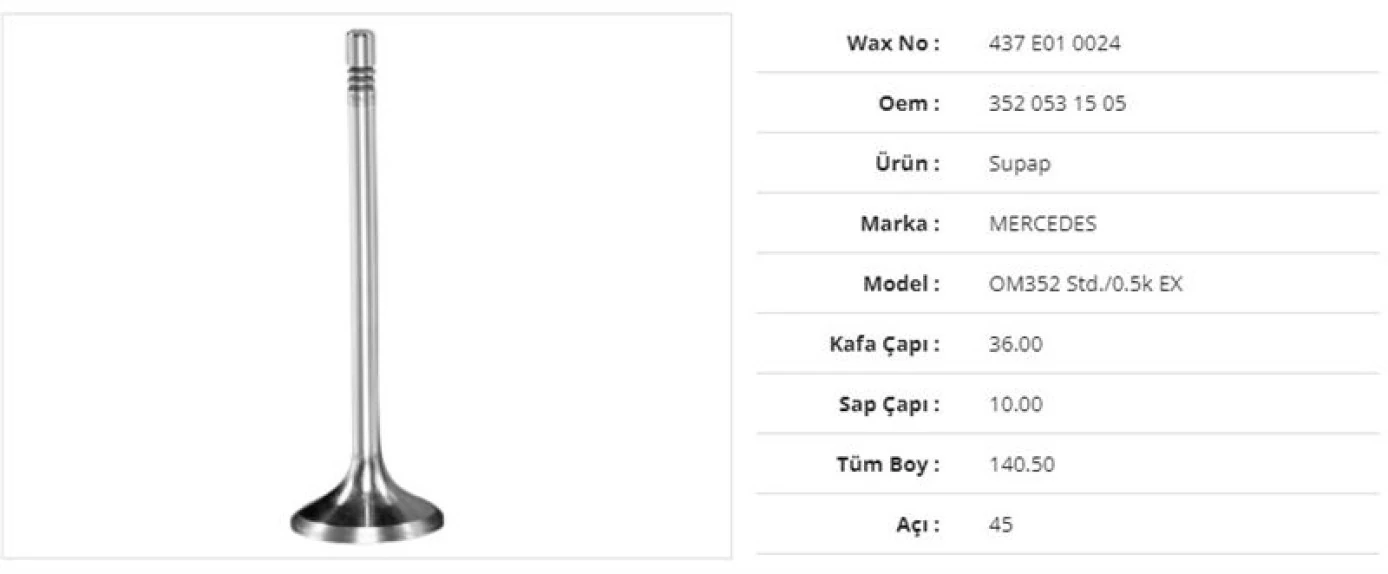 Mercedes Truck Subap Egzoz Mercedes Om352 Std./36kx10sx140,5bx45a (6adet) - Wax 437 E01 0024