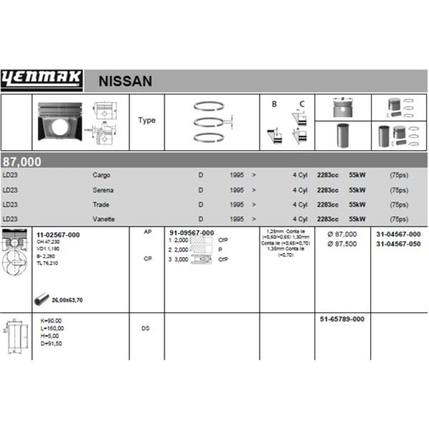 Nissan Motor Piston Segman Std Vanetta Cargo 1996-> Ld23 Motor 87,00 MM - Yenmak 31-04567-000