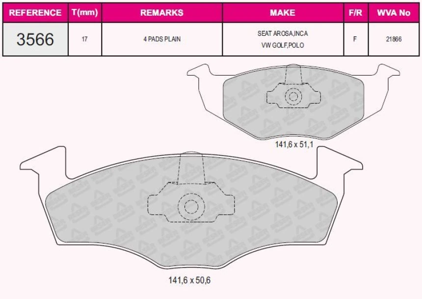 Vag Fren Balatası Ön Polo III 95> Lupo 98> Fox 05> / Arosa 97> / Fabıa 00>10 - Grap 93566