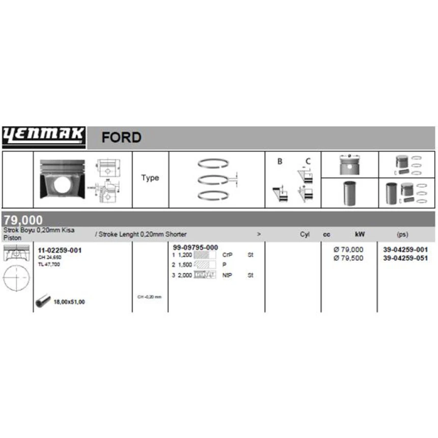 Ford Piston Segman 79.00mm Std 0.20 Kisa Focus Zh16 1.6 Zetec S 16v 100ps 98>04 - Yenmak 36-04259-001