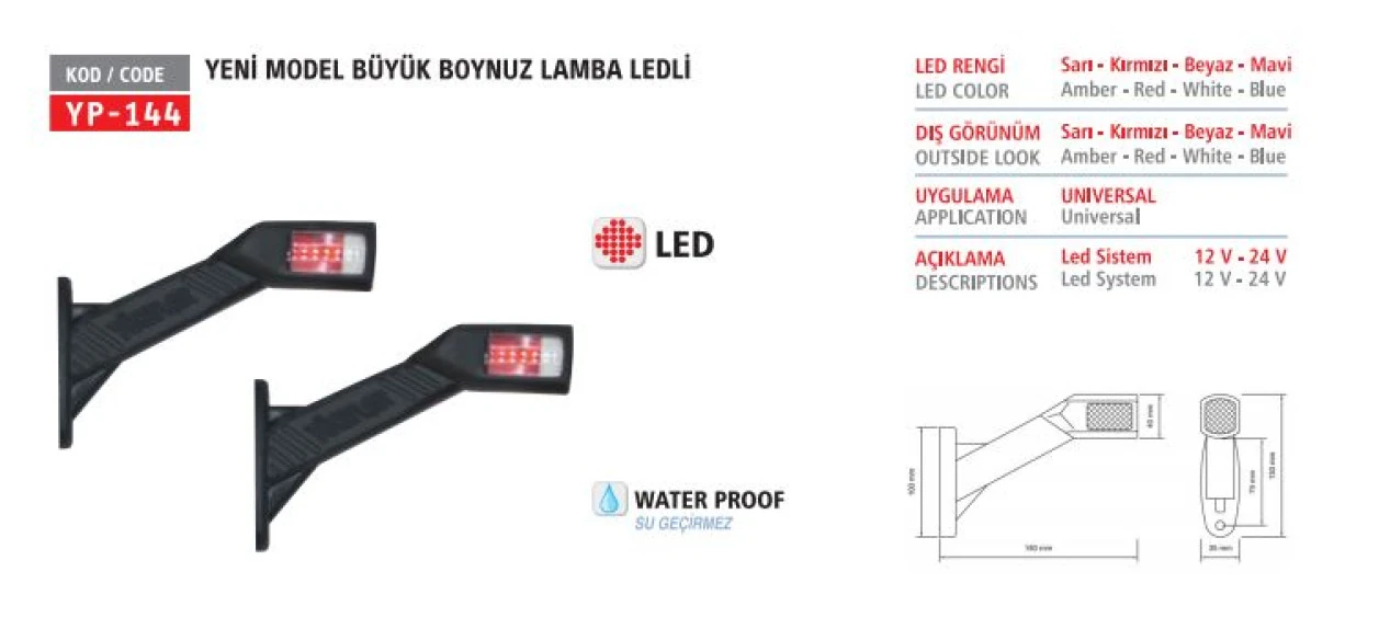 Unıversal Truck Boynuz Lamba Buyuk Y.m. Krone Ledli Kirmizi-Beyaz 12/24v - Yuceplast Yp-144