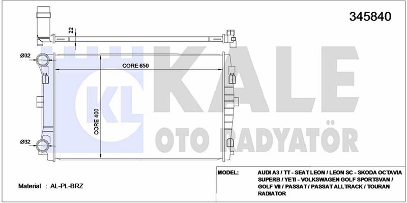 MOTOR SU RADYATORU 650x395x22 A3 1,2 / 1,4 / 1,6TDI GOLF VII 1,2 / 1,4 / 1,6TDI 12> - KALE 345840