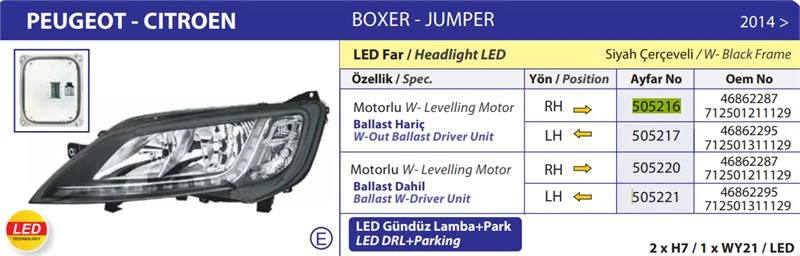 Fiat Far Sag Ducato Boxer Jumper III 14> Ym (led) Motorlu (ballast Harıc) - Ayfar 505216