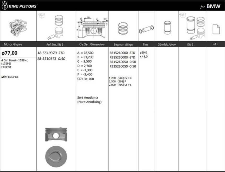 Bmw Piston + Segman 77mm Std Ep6cdtmotor 4 Sil. Benzinli 1598 CC-(175ps) Mini Cooper - Kingpiston 18-5510370