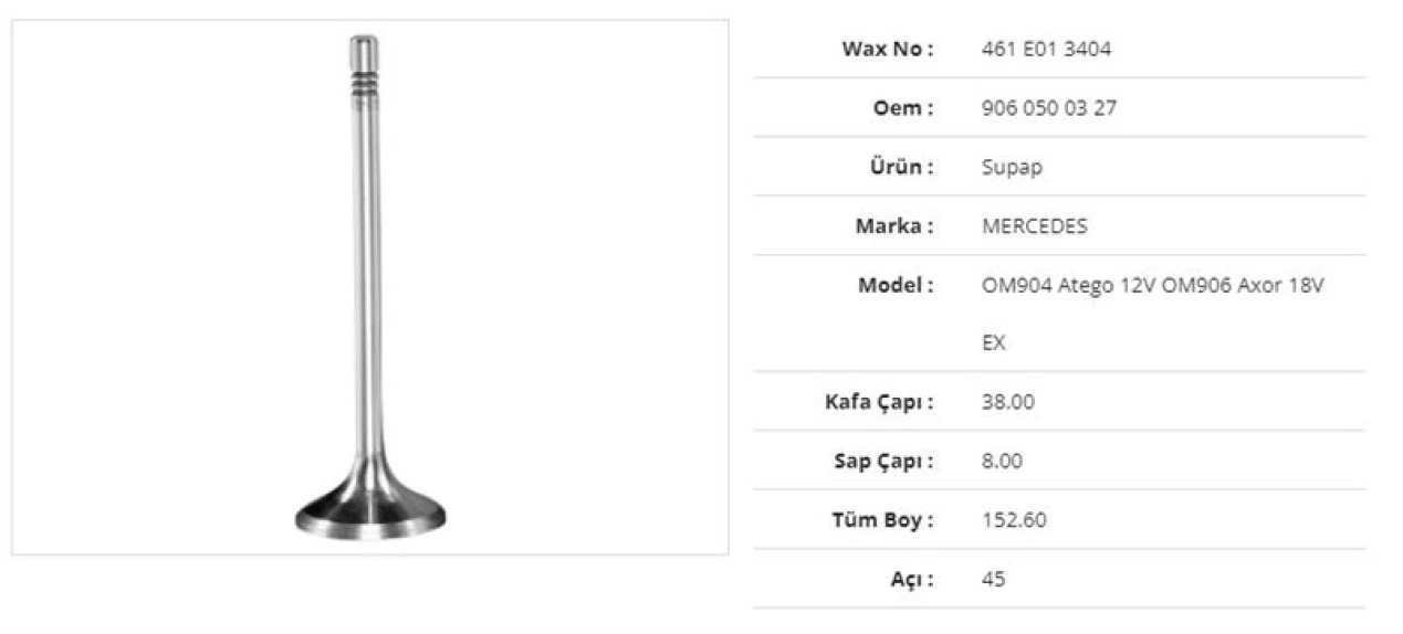 Mercedes Truck Subap Egzoz Mercedes Om904 Atego 12v Om906 Axor 18v 38kx8sx152,6bx45a - Wax 461 E01 3404