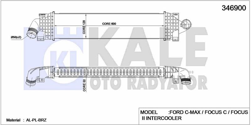 TURBO INTERCOL RADYATORU FOCUS II 1.6 TDCI 2.0 TDCI C-MAX 06>11 03> 1.6 TDCI 1.8 TDCI 2.0 TDCI C-MAX - KALE 346900