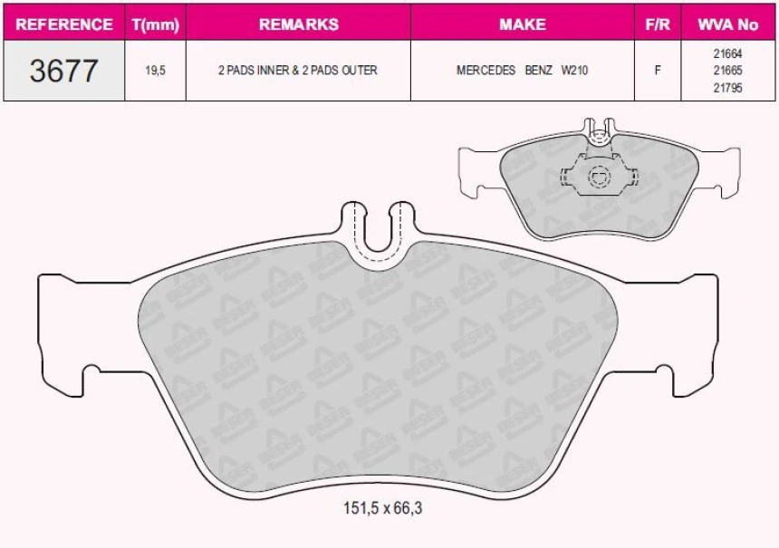 Mercedes Fren Balatası On W202 95>00 S202 97>01 C208 97>00 W210 95>00 S210 99>03 C140 92>99 R170 00>04 - Beser 3677