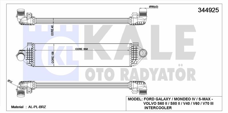 TURBO INTERCOOLER RADYATORU MONDEO 07>14 1.6 ECOBOOST VOLVO V70 III (135) T4 10>15 V60 I (155, 157) - KALE 344925