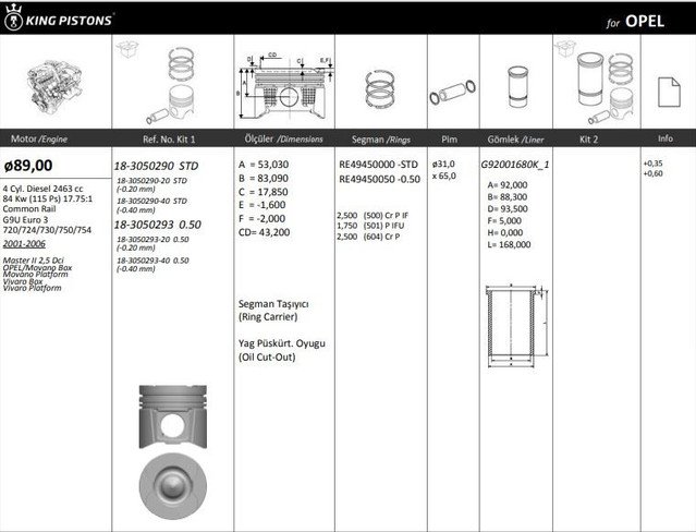 MOTOR PISTON+SEGMAN  MASTER 2.5 DCI-MOVANO 2.5CDTI (G9U) 115HP EURO3 (89.00MM) / (+0.50MM) / (-0.20M - KINGPISTON 18-3050293-20