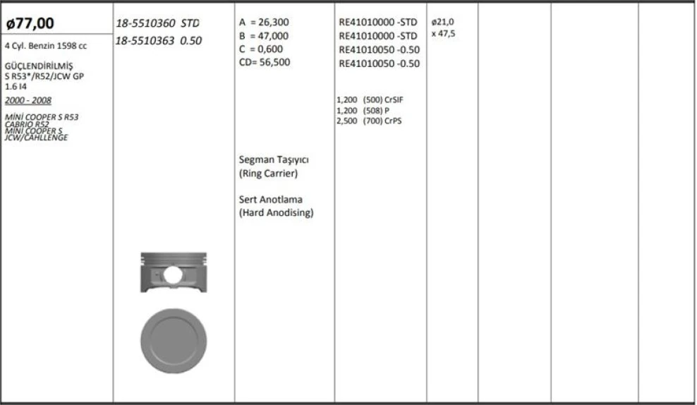 Bmw Piston + Segman 0.50mm (77,50mm) Guclendirilmis Mini W10 R52 R53 - Kingpiston 18-5510363