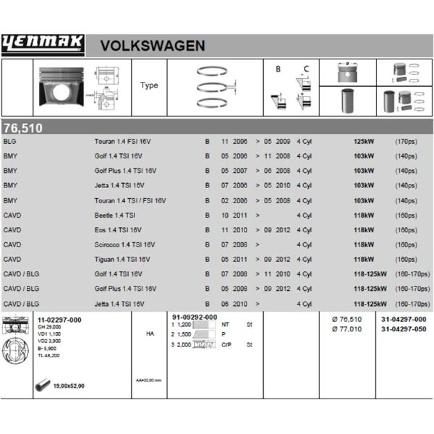 Vag Piston+segman (77,01mm 0,50) Golf V / VI / Plus Alhamra Beetle (touran 1,4tsi / Fsi) Eos Jetta III / - Yenmak 31-04297-050